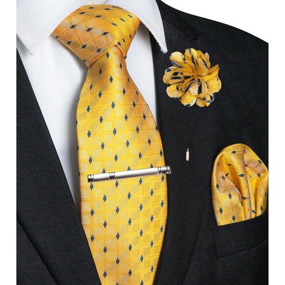 🆕Men Yellow Plaid Checkered Necktie and Pocket with Tie Clip Lapel Pin Set Ties - Picture 4 of 4
